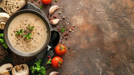 Canvas Print - Creamy mushroom soup with black pepper served with black bread tomatoes garlic and pepper on a brown background Close up photo with space for text Food theme