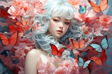 Wall Mural - Dreamy Girl with Butterflies and Flowers