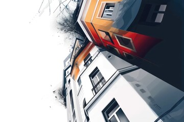 Wall Mural - A low angle view of a white building with orange and red accents and windows