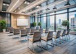 © DigitalArt Max - Modern spacious office interior with empty chairs facing a presentation screen, awaiting a diverse audience for a corporate business training or seminar session.