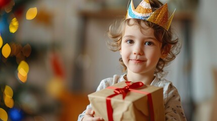 Wall Mural - A_child_wearing_a_birthday_hat_and_holding_a_gift_