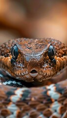 Canvas Print - A detailed closeup of a snakes face with a blurred background showcasing the intricate patterns and textures of its scales