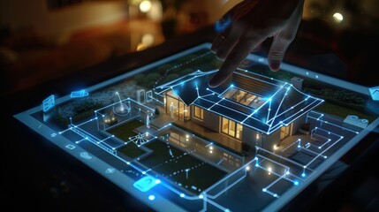 Wall Mural - A hand interacts with a digital model of a smart home on a tablet screen