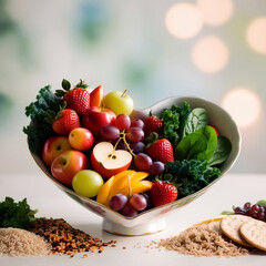 Wall Mural - A vibrant photo showcasing a heartshaped bowl filled with nutritious diet foods, including fresh fruits, vegetables, and whole grains, promoting heart health and cardiovascular wellness 