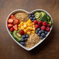 Wall Mural - A vibrant photo showcasing a heartshaped bowl filled with nutritious diet foods, including fresh fruits, vegetables, and whole grains, promoting heart health and cardiovascular wellness 