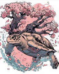 Wall Mural - A sea turtle swims through a vibrant pink and blue underwater scene adorned with cherry blossoms