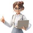 © Jiraphat - A cartoon woman with brown hair, glasses, and a white jacket holds a laptop and gives a thumbs up