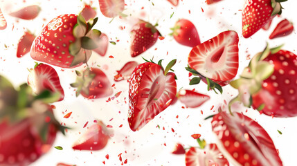 Wall Mural - Animated PNG image of sliced strawberries falling in front of a white background.