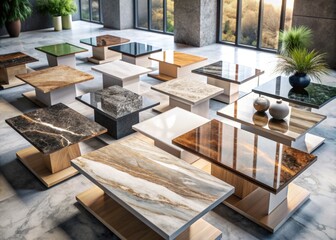 A luxurious collection of durable sintered stone, featuring various colors of marble on a modern table. Generative AI.