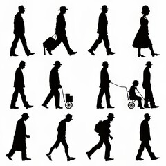 A collection of black silhouettes of people walking in different positions