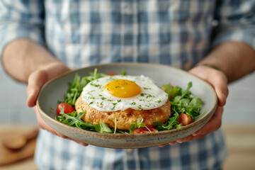 A person holding a plate with a delicious fried egg on top of a bed of fresh salad and toast. Perfect for breakfast or brunch ideas.