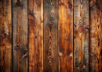 Wall Mural - Weathered wooden planks with prominent vertical grooves and distressed texture, displaying a rich brown color with hints of grey, perfect for rustic or vintage designs.