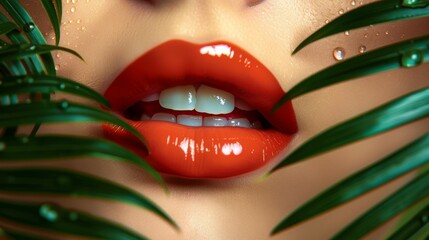 Wall Mural - close up female natural lips with bright tropical palm, female beauty cosmetology concept