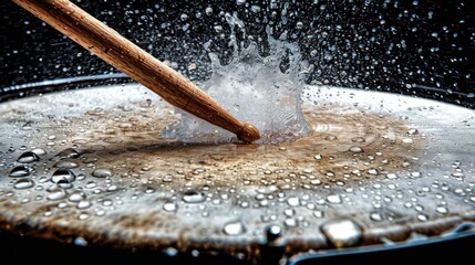 The drumstick hits the frame and the drum bounces up water droplets