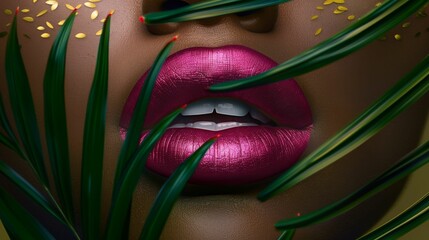 Wall Mural - close up female natural lips with bright tropical palm, female beauty cosmetology concept