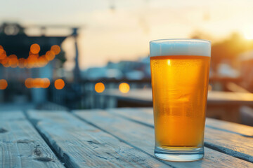 Refreshing pint of beer on wooden table with a bokeh background of outdoor lights at sunset, creating a warm and inviting atmosphere.