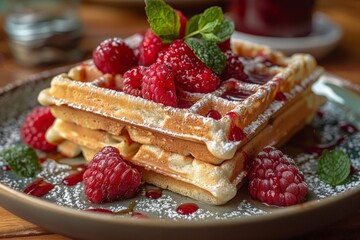 Crisp, golden waffles topped with fresh fruit.