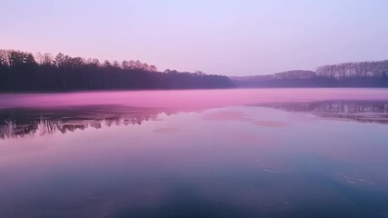 Wall Mural - A tranquil lake reflecting the pink and purple hues of a hazy sky giving the scene a dreamy and ethereal quality.