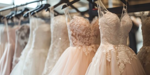 Wall Mural - A rack of wedding dresses with a variety of colors and styles. The dresses are hanging on a rack, and they are all different sizes and colors