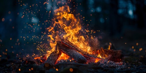 Wall Mural - A fire is burning in a pile of wood. The fire is very large and is surrounded by a lot of smoke