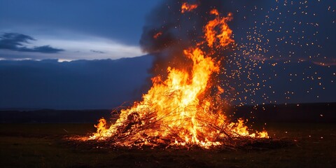 Wall Mural - A fire is burning in the grass, with the sky in the background. The fire is very large and is surrounded by a lot of smoke