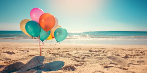 a bunch of colorful balloons are on the beach. the balloons are scattered around the sand, and they 