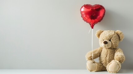 Wall Mural - Teddy bear and a heart shaped balloon on light background with copy space