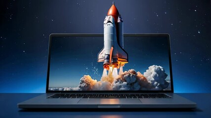 rocket coming out of computer (laptop) screen, blue sky with stars in space background. online busin