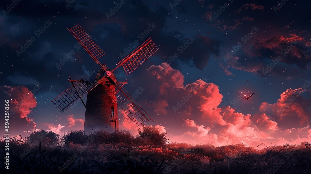 Spooky Windmill Spooky old windmill with creaking blades under a stormy sky. Minimalist ...