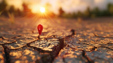 Wall Mural - 3D pin icon indicating place on dry land with cracks and sun in the blurred background.