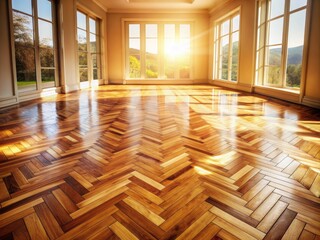 Wall Mural - Natural light pours onto a warm, honey-toned parquet wood floor, showcasing a beautifully arranged geometric pattern of wooden slats, creating a cozy and inviting atmosphere.