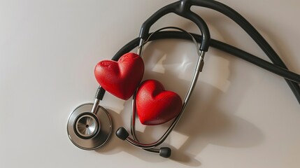 Wall Mural - A stethoscope and two hearts on a white background. 