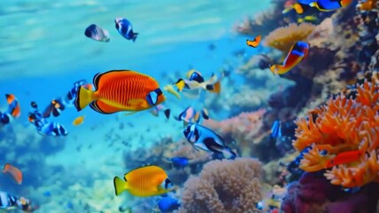 Sticker - A colorful tropical fish swimming in the ocean, surrounded by coral reefs and marine life..colorful tropical fish in a coral reef on blue sea background,	