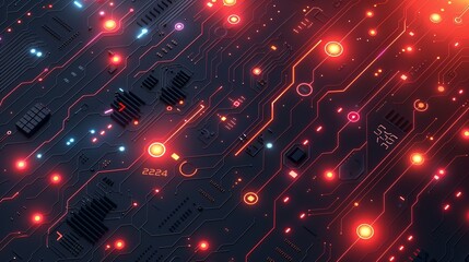 Technological innovation concept with abstract circuit patterns and binary code. Minimalist UI in a flat illustration style on a white background with bright Color scheme, dribble, flat Illustration