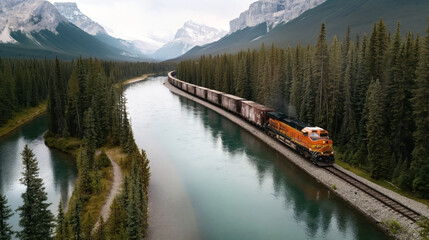 Canvas Print - A freight train travels alongside a river amidst a dense forest, with mountains in the background under a cloudy sky.