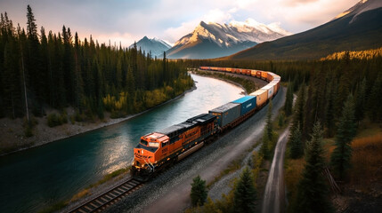 Canvas Print - A freight train moves along a railway track beside a river with a backdrop of dense pine forest and snow-capped mountains at sunset.