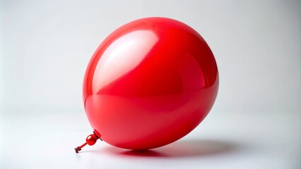 Vibrant solitary red balloon inflates against a stark white background, its rubbery texture and rounded shape evoking feelings of joy and wonder.