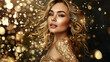 © Hikmet - Blond woman wearing a sparkling gold dress, with perfect makeup and curly hair.