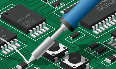 Isometric electronic board with soldering iron. Isometric printed circuit board with electronic components. Electronics repair