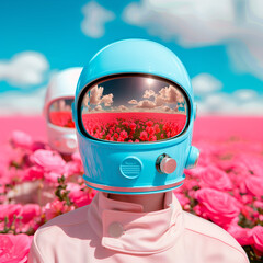Wall Mural - Two astronauts in vibrant pink flower field with blue helmets and bright blue sky. Surreal blend of nature and space.
