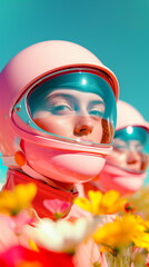 Wall Mural - Two astronauts with pink helmets in colorful flower field under vibrant blue sky. Fusion of space and nature.