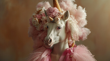 Wall Mural - Portrait of a unicorn adorned with pink roses and a golden horn. Whimsical and surreal image with a soft, pastel aesthetic.