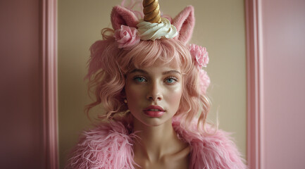 Wall Mural - Portrait of a woman in a pink unicorn costume with pastel hair and whimsical accessories. Creative and surreal fashion with a modern, playful aesthetic.
