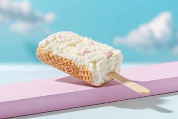Wall Mural - Ice cream bar with a waffle cone on a pastel-colored background. Summer dessert concept.