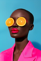 Wall Mural - Portrait of a woman with orange slices covering her eyes and vibrant pink attire against a blue backdrop. Creative and surreal fashion with bold colors.