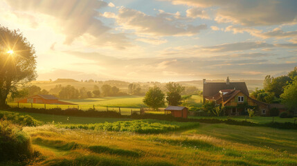 Warm golden hour sunrise over rural landscape idyllic countryside agricultural  fields rolling hills family farm with farmhouse organic gardens colorful dawn sky clouds wholesome background copy space