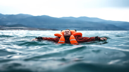 Canvas Print - A man wearing an orange life jacket floats in the open water with a mountain range in the background. He appears calm and relaxed while being supported by the life jacket.