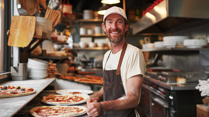 Canvas Print - Smiling chef in a kitchen preparing pizzas with various ingredients, wearing an apron and cap, with kitchen equipment and utensils in the background.