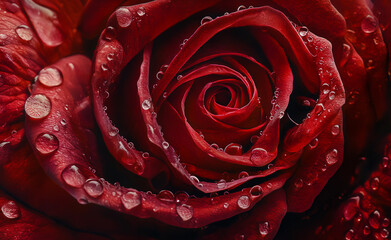 Wall Mural - Close-up of a red rose covered in water droplets.