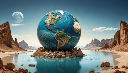 Canvas Print - Earth Globe in a Surreal Desert Landscape.